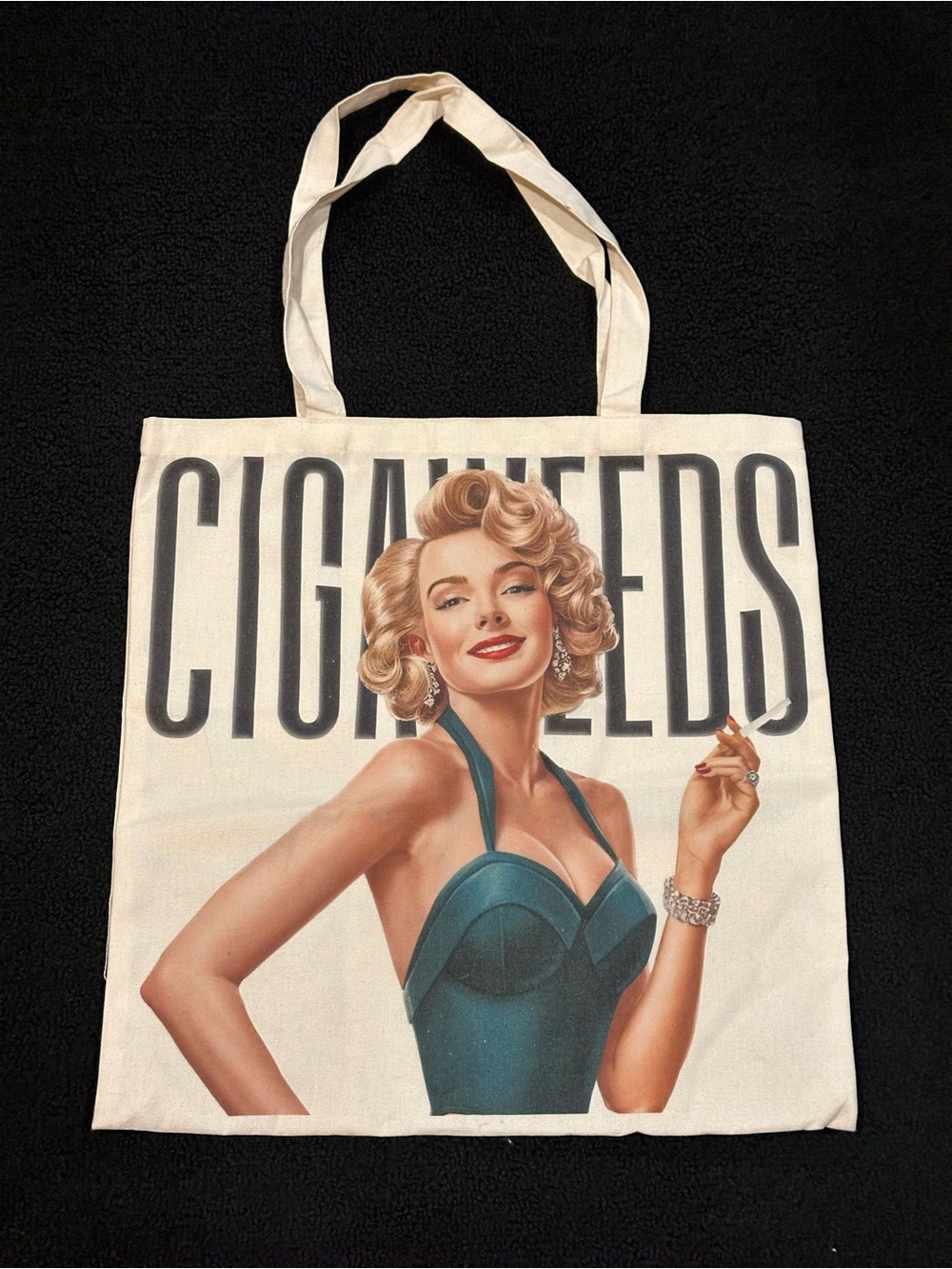 Vintage Style Cream Canvas Tote Bag with Blonde PinUp